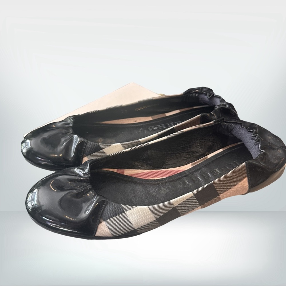 Burberry Black and Check Stretch Ballet Flats. 37